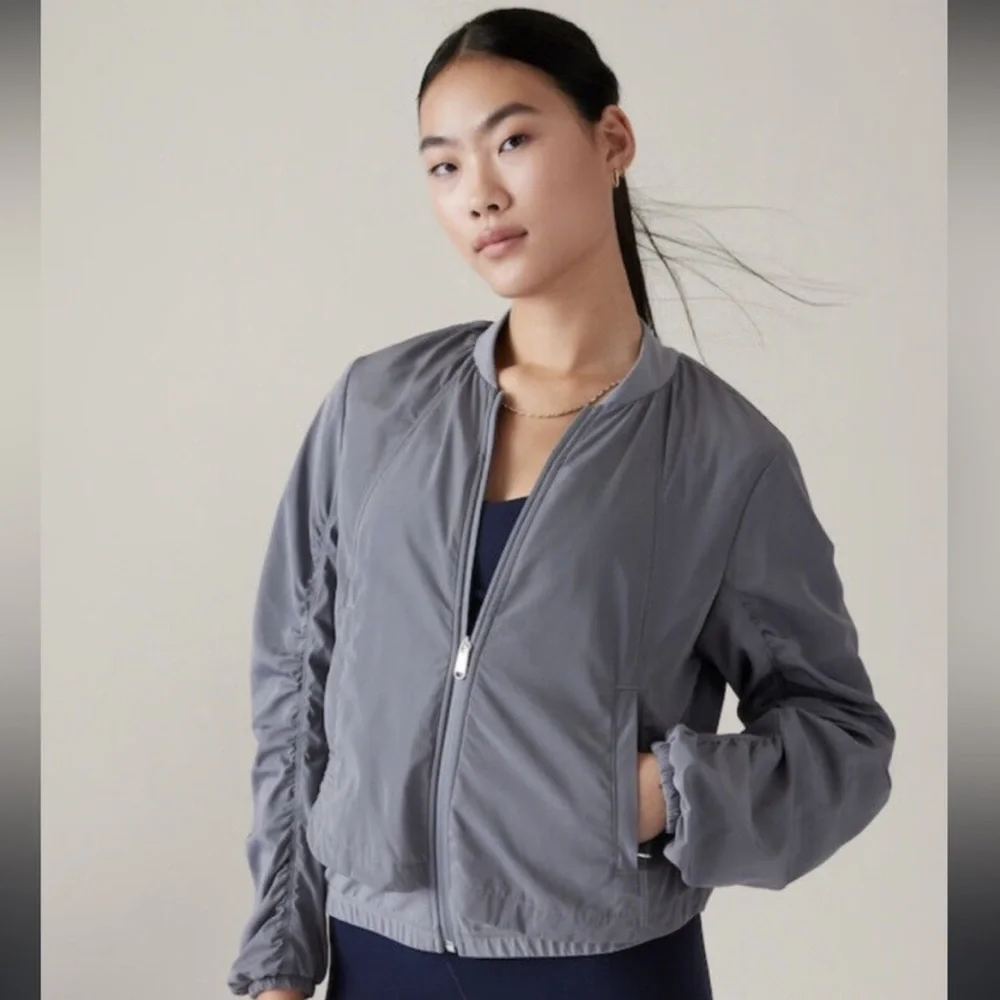 ATHLETA Wayfarer Bomber Jacket Performance Workout Gym Sporty Gray Blue … - Picture 1 of 16